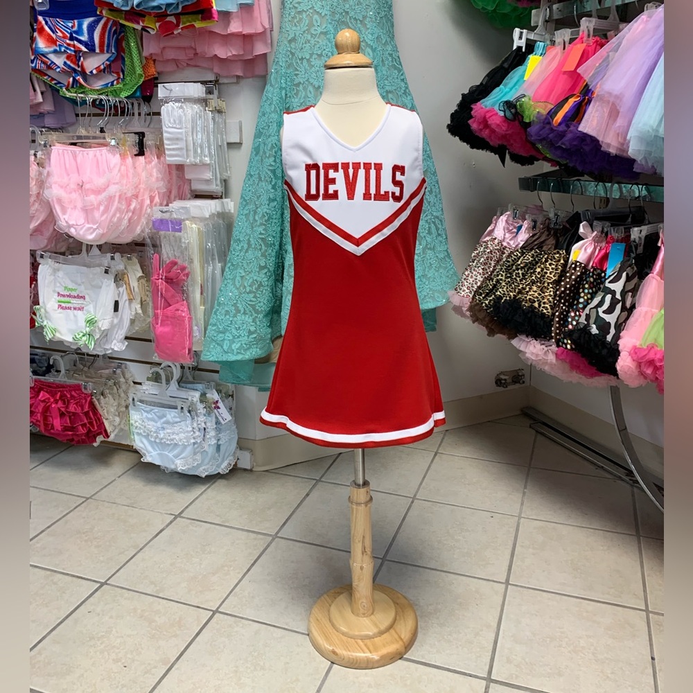 Kids Sizes 2 Thru 12 Red & White Devils Logo 1 Pc Cheerleading Uniform Dress NWT